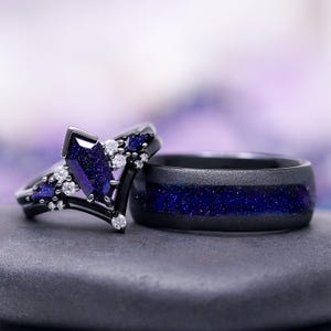 Starry Night Couples Ring Set- Galaxy Sandstone His and Hers Rings- Night Court Cosmic Wedding Band- 925 Sterling Silver/ Tungsten Carbide