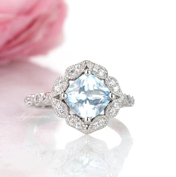 Diamond & Aquamarine Ring Set In Sterling Silver Diamond Halo Diamond & Aquamarine Ring Set In Sterling Silver Diamond Halo