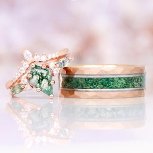 Kite Green Moss Agate Ring Set- His and Hers Wedding Band- Rose Gold Ring Set- Matching Nature Couples Promise Ring- 14K Rose Gold Vermeil