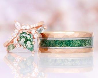 Kite Green Moss Agate Ring Set- His and Hers Wedding Band- Rose Gold Ring Set- Matching Nature Couples Promise Ring- 14K Rose Gold Vermeil