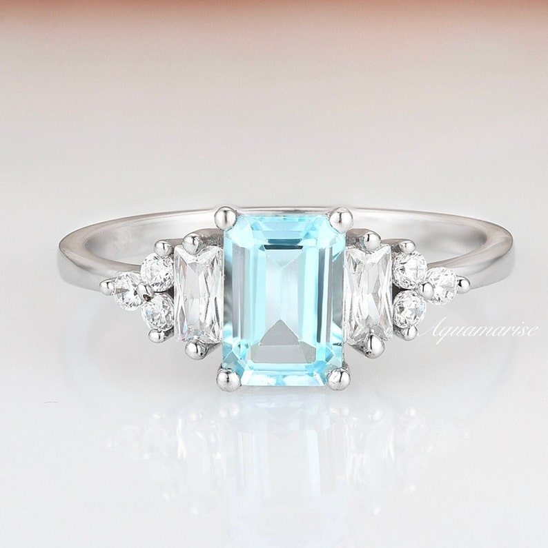 Amelia Aquamarine Ring- Sterling Silver Ring- Emerald Cut Aquamarine Engagement Ring- Promise Ring March Birthstone Anniversary Gift For Her 