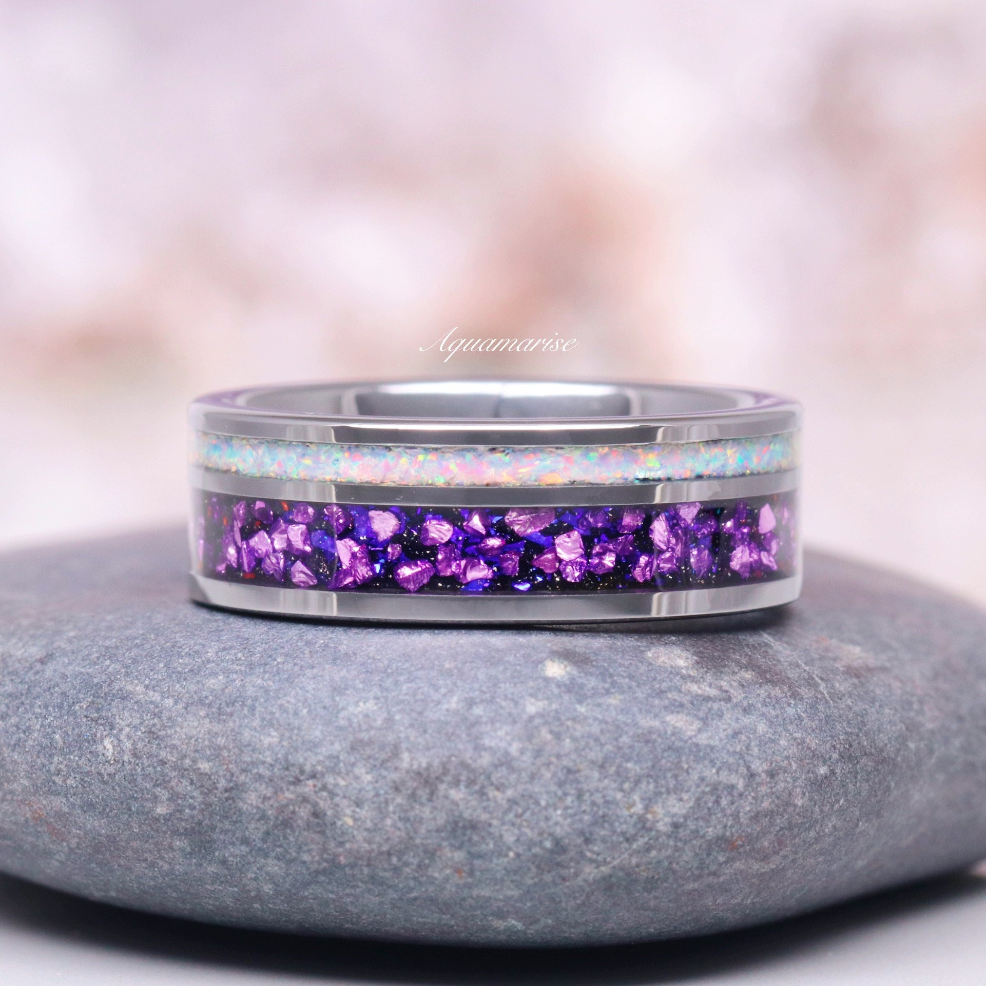 Amethyst & Galaxy Fire Opal Men's Wedding Band- Crab Nebula Tungsten ...