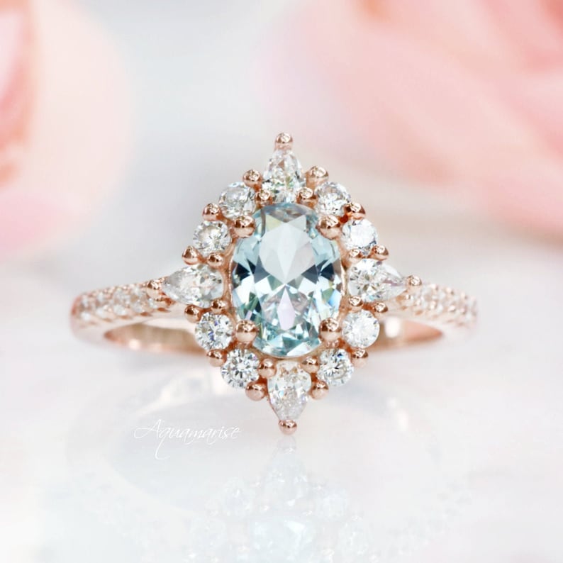 Vintage Aquamarine Ring- 14K Rose Gold Vermeil Ring- Engagement Ring- Promise Ring- March Birthstone- Blue Gemstone Anniversary Gift For Her 