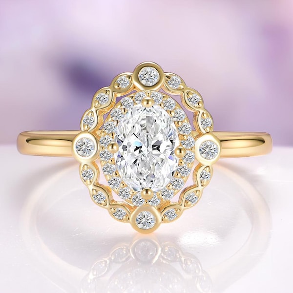 Bague en diamant vintage - Bague de fiançailles en or jaune 14 carats et diamants vermeil pour femme - Bague de promesse - Bague Art déco, cadeau d'anniversaire, cadeau pour elle