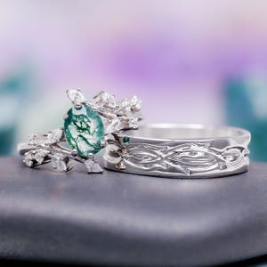 Green Moss Agate Leaf Couples Ring Set- His and Hers Wedding Band- 925 Sterling Silver Matching Wedding Band Nature Inspired Promise Ring
