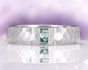 Green Moss Agate Hammered Men&#39;s Wedding Band Natural Moss Agate 925 Sterling Silver 5.5mm Wedding Band Brushed Comfort Fit Ring Gift For Him