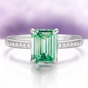 Green Sapphire Engagement Ring Lab Grown Mint Teal Emerald Cut Sterling Silver