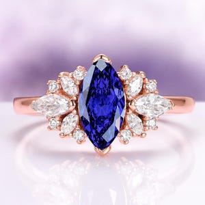 Marquise Sapphire Engagement Ring in 14K Rose Gold Vermeil- Unique Flower Blue Promise Ring- September Birthstone- Anniversary Gift For Her