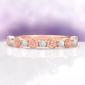 Australian Opal Wedding Band Dainty Rose Flower 14K Rose Gold Vermeil Stacking Ring