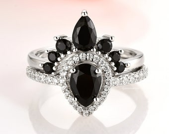 Amy Black Diamond Ring Set- Teardrop Black Onyx Engagement Rings- Promise Ring For Women- Anniversary Birthday Gift For Her Sterling Silver