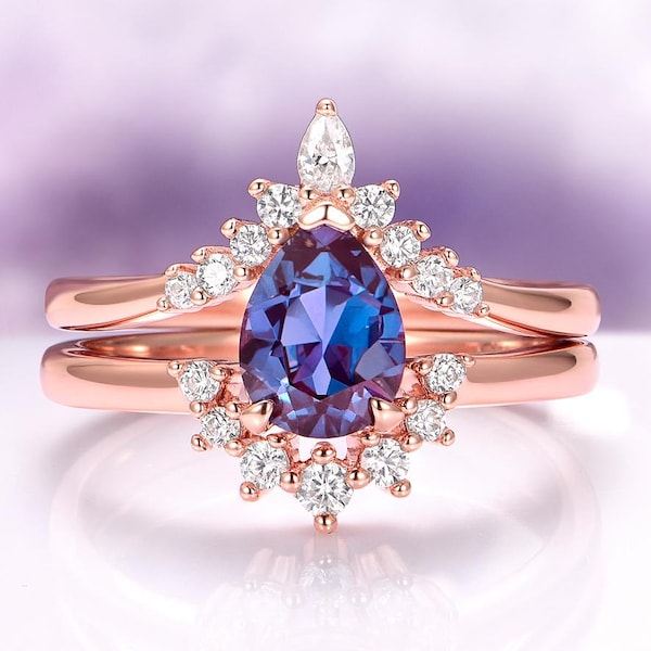Teardrop Alexandrite Ring Set in 14K Rose Gold Vermeil- Unique Engagement Ring- Color Changing Promise Ring June Birthstone Gift For Her