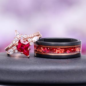 Skye Rose Gold Ruby Leaf Couples Ring Set- His and Hers Matching Wedding Band Red Ruby & Black Tungsten/ Vermeil Couples Unique Promise Ring