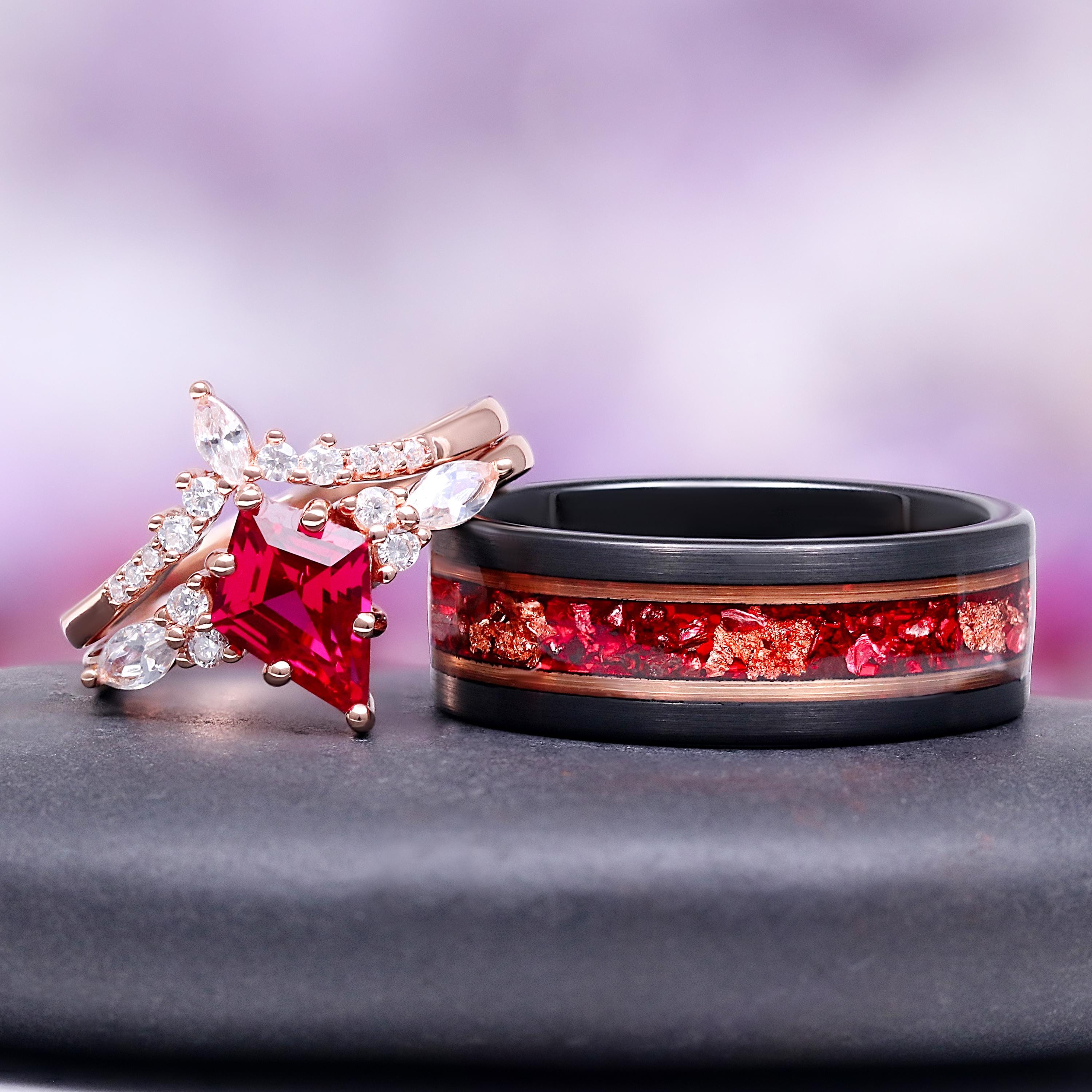 Skye Rose Gold Ruby Leaf Couples Ring Set- His and Hers Matching