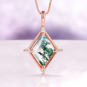 Kite Green Moss Agate Necklace For Women in 14K Rose Gold Vermeil Unique Natural Agate Pendant Birthstone Jewelry Anniversary Gift For Her