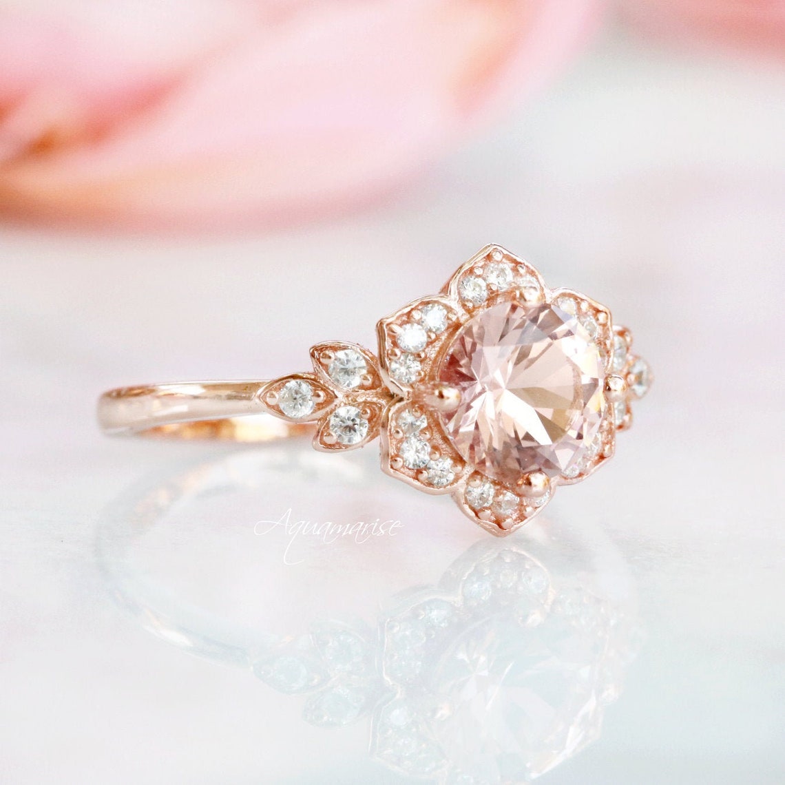 Vintage Morganite Ring Set 14K Rose Gold Vermeil Morganite image 1