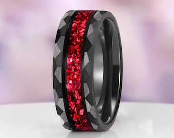Crushed Red Garnet Men's Black Wedding Band- Tungsten Carbide Hammered Ring- 8mm Mens Wedding Ring Unique Birthstone Promise Ring For Him