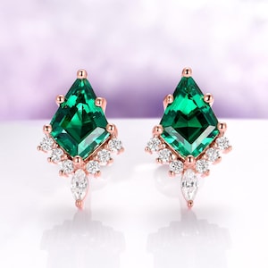 Kite Emerald Stud Earrings in 14K Rose Gold Vermeil- Dainty May Birthstone Studs- Unique Kite Cut Earrings Anniversary Birthday Gift For Her