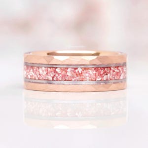 Crushed Morganite Rose Gold Wedding Band- 8mm Hammered Tungsten Ring Womens/ Mens Wedding Ring- Comfort-Fit Dome Blushed- Anniversary Ring