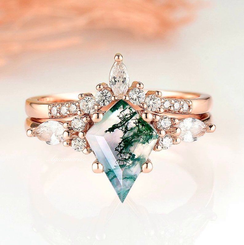 Skye Kite Green Moss Agate Ring 14K Rose Gold Vermeil Natural Agate Engagement Ring Promise Ring Green Gemstone Anniversary Gift For Her afbeelding 1