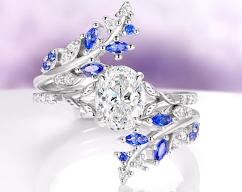 Blue Sapphire & Diamond Engagement Ring Set- 925 Sterling Silver Leaf Bridal Ring Set- Unique Women's Promise Ring- Anniversary Gift For Her