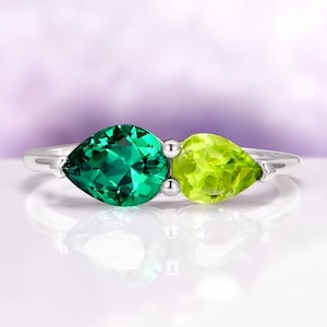 Minimalist Peridot and Emerald Ring in 925 Sterling Silver- Toi Et Moi Unique Engagement Ring- August & May Birthstone- Anniversary Gift