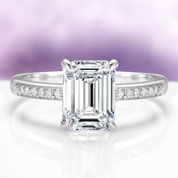 Anillo de compromiso con zafiro blanco de talla esmeralda en plata de ley 925. Anillo de compromiso con diamantes. Anillo de promesa con piedra de nacimiento de septiembre. Regalo para ella.