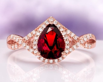 Garnet Ring Natural Red Pear Twisted Vine Engagement Ring 14K Rose Gold Vermeil