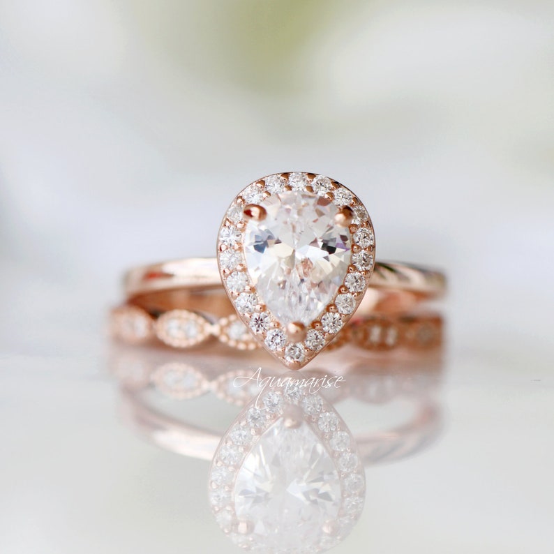Pear Diamond Ring Set 14K Rose Gold Vermeil Engagement Promise Ring For Women Teardrop Wedding Ring Set April Birthstone Gift For Her image 7