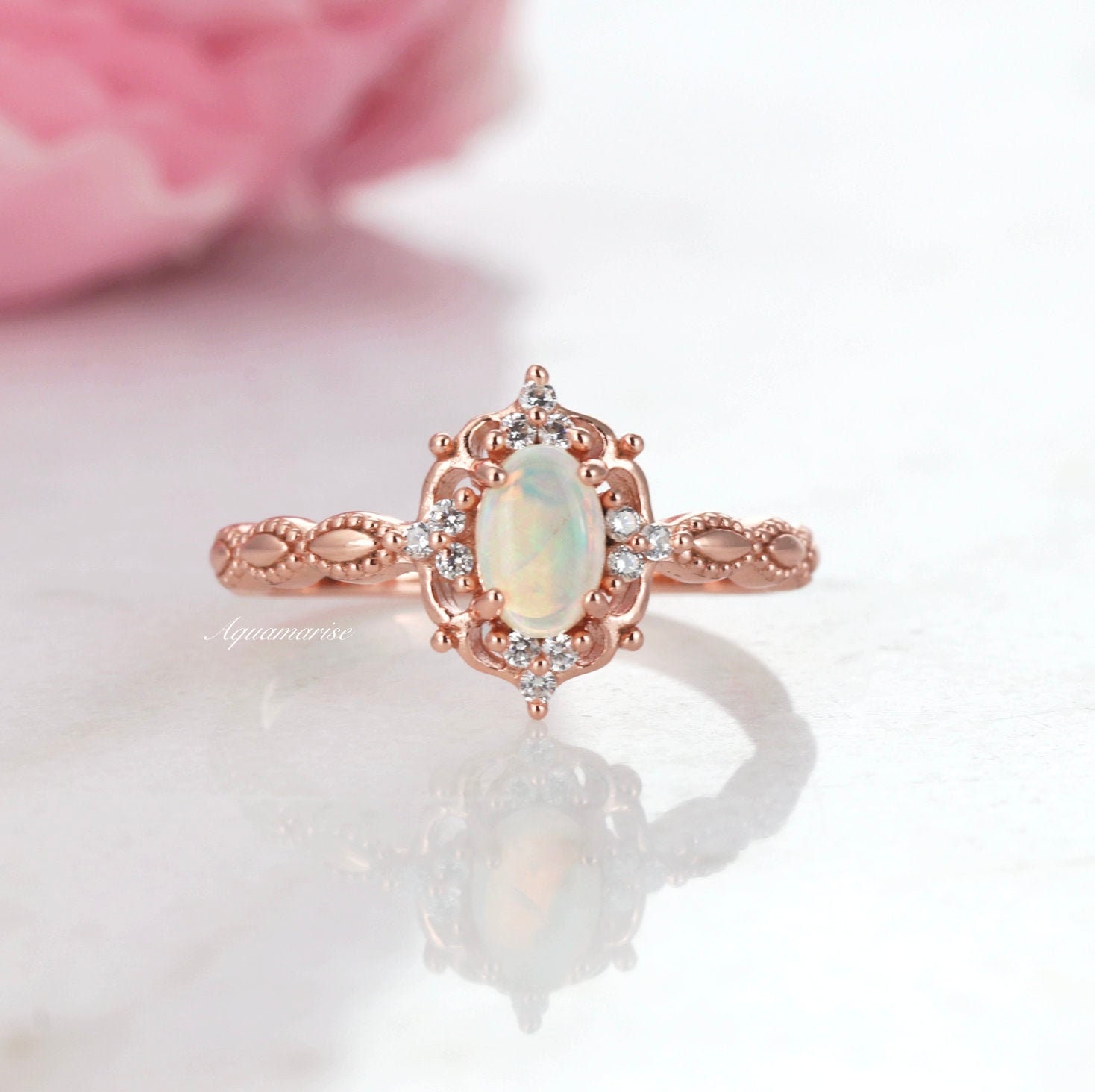 Vintage Natural Opal Ring-14K Rose Gold Vermeil Ring - Engagement Pro…