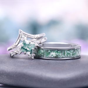 Green Moss Agate Couples Ring Set- His and Hers Wedding Band- 925 Sterling Silver/ Tungsten Unique Earthy Ring- Matching Nature Promise Ring