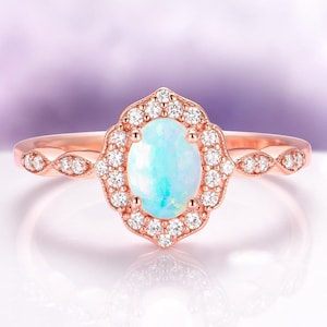 Australian Opal Engagement Ring Art Deco Oval 14K Rose Gold Vermeil October Birthstone