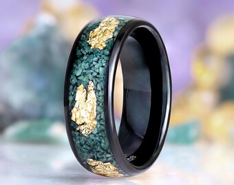 Green Moss Agate & Gold Leaf Men's Wedding Band- Black Tungsten Carbide 8mm Comfort Fit Ring- Nature Wedding Ring- Anniversary Gift For Him