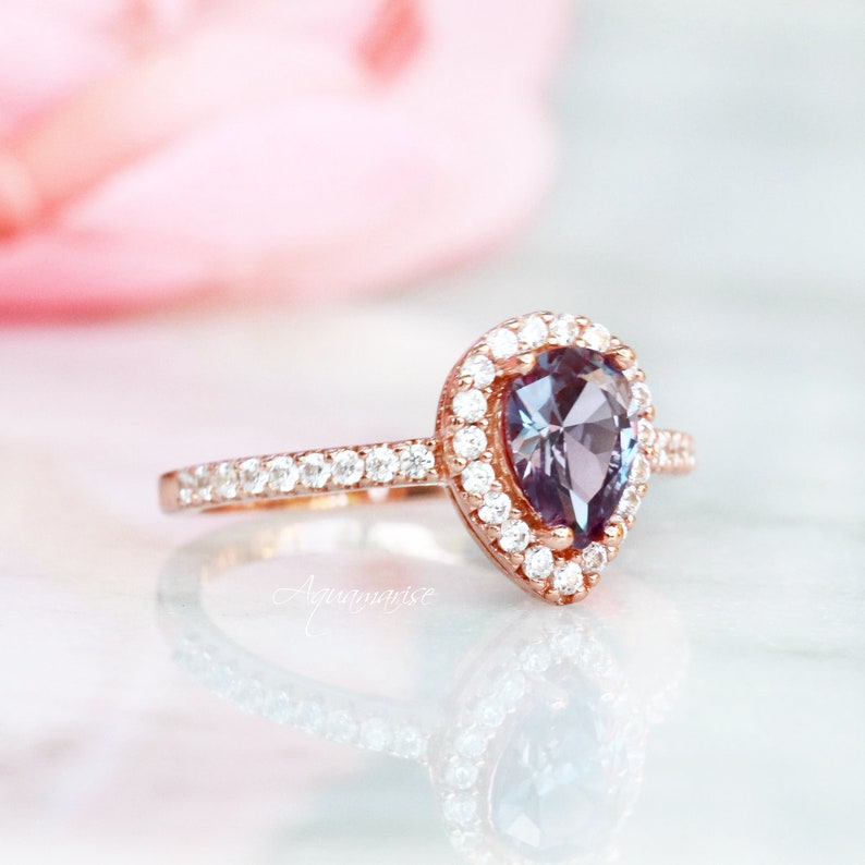 Promise Ring Color Changing Stone Gift For Her June Birthstone Engagement Ring 14K Rose Gold Vermeil Ring Teardrop Alexandrite Ring