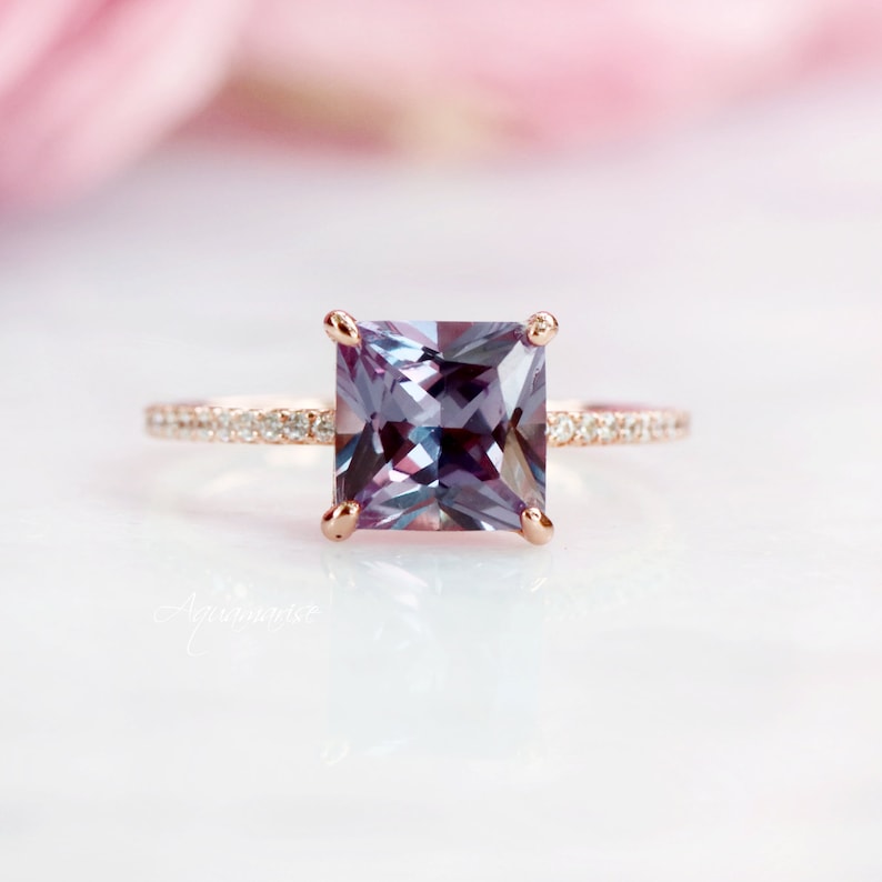 Princess Cut Alexandrite Ring- 14K Rose Gold Vermeil Ring- Engagement Ring- Promise Ring- Color Changing Stone June Birthstone- Gift For Her 