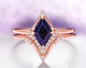 Kite Galaxy Sandstone Ring Set for Women- 14K Rose Gold Vermeil Unique Goldstone Engagement Ring Set- Promise Ring For Her Orion Nebula Ring