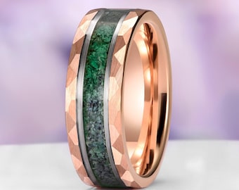 Green Moss Agate Wedding Band- Rose Gold Hammered Tungsten Ring- 8mm Man Ring- Comfort Fit Dome Polish- Birthday Anniversary Gift For Him