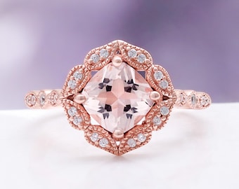 Art Deco Morganite Ring- 14k Rose Gold Vermeil Ring- Engagement Ring- Promise Ring- Vintage Inspired- Anniversary Birthday Gift For Her