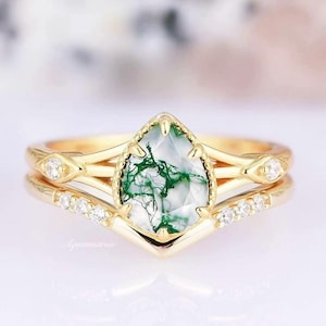 Celtic Green Moss Agate Ring- 14K Gold Vermeil Pear Cut Natural Agate Engagement Ring For Women Unique Promise Ring Anniversary Gift For Her