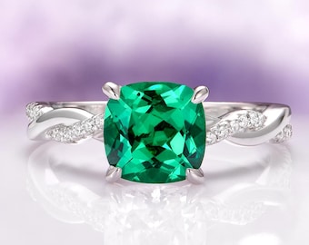 Emerald Engagement Ring in Sterling Silver- Twisted Vine Cushion Cut Emerald Promise Ring- Dainty Delicate Anniversary Birthday Gift For Her