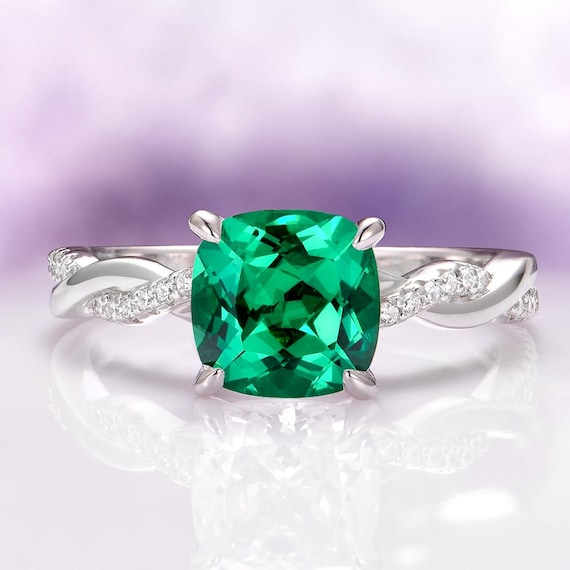 Emerald Engagement Ring in Sterling Silver- Twisted Vine Cushion Cut  Emerald Promise Ring- Dainty Delicate Anniversary Birthday Gift For Her