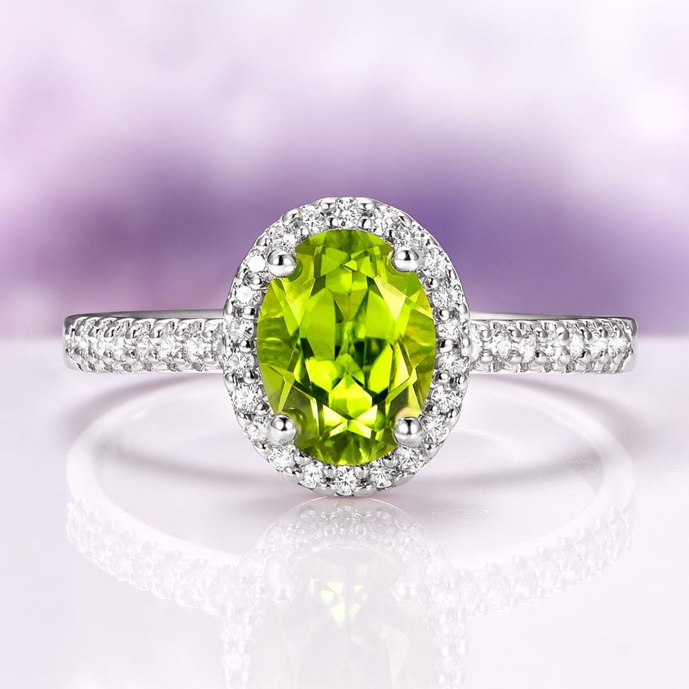 Natural Peridot Ring in 925 Sterling Silver- Neon Green Oval Engagement or Promise Ring- August Birthstone Anniversary Birthday Gift for Her