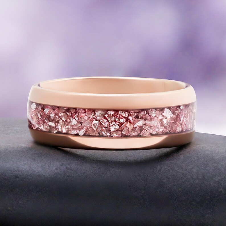Morganite Mens Wedding Band Rose Gold Tungsten 8mm Crushed Pink Stone Inlay image 8