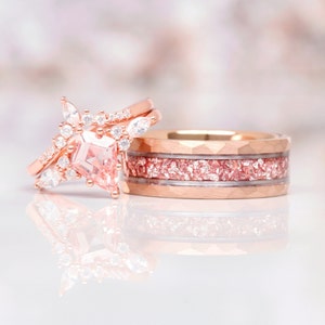 Skye Morganite Couples Ring Set- His and Hers Wedding Band- Crushed Morganite Rose Gold Ring- Matching Couples Promise Ring- Pink Gemstone