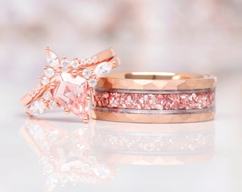 Skye Morganite Couples Ring Set- His and Hers Wedding Band- Crushed Morganite Rose Gold Ring- Matching Couples Promise Ring- Pink Gemstone