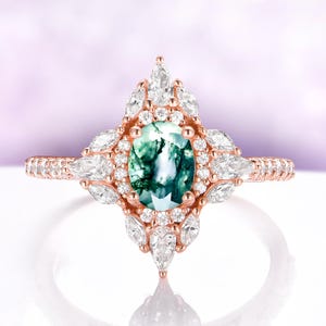 Stella Natural Moss Agate Engagement Ring For Women Alternative Engagement Ring Nature Inspired Ring Anniversary Rings 14K Rose Gold Vermeil