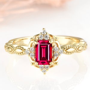 Vintage Ruby Engagement Ring in 14K Yellow Gold Vermeil- Lab Grown Ruby Art Deco Promise Ring- July Birthstone- Anniversary Gift For Her