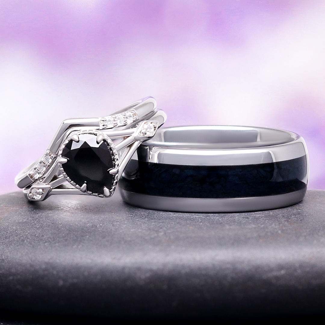 Celtic Natural Black Onyx Couples Ring Set His and Hers Black