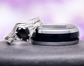 Celtic Natural Black Onyx Couples Ring Set His and Hers Black Diamond Wedding Band Sterling Silver Pear Unique Matching Couples Promise Ring