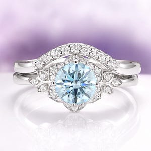 Aquamarine Engagement Ring Set in 925 Sterling Silver- Unique Bridal Wedding Ring Sets-  Flower Aquamarine Promise Ring- March Birthstone