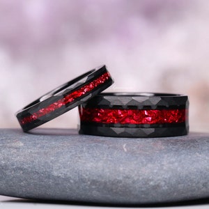 Crushed Red Garnet Couples Ring Set- His and Hers Matching Wedding Band- Hammered Red & Black Tungsten Couples Ring Unique Promise Ring